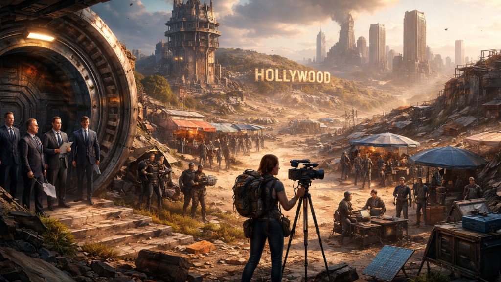 Dystopian landscape with futuristic portal, film crew, and weathered Hollywood sign.
